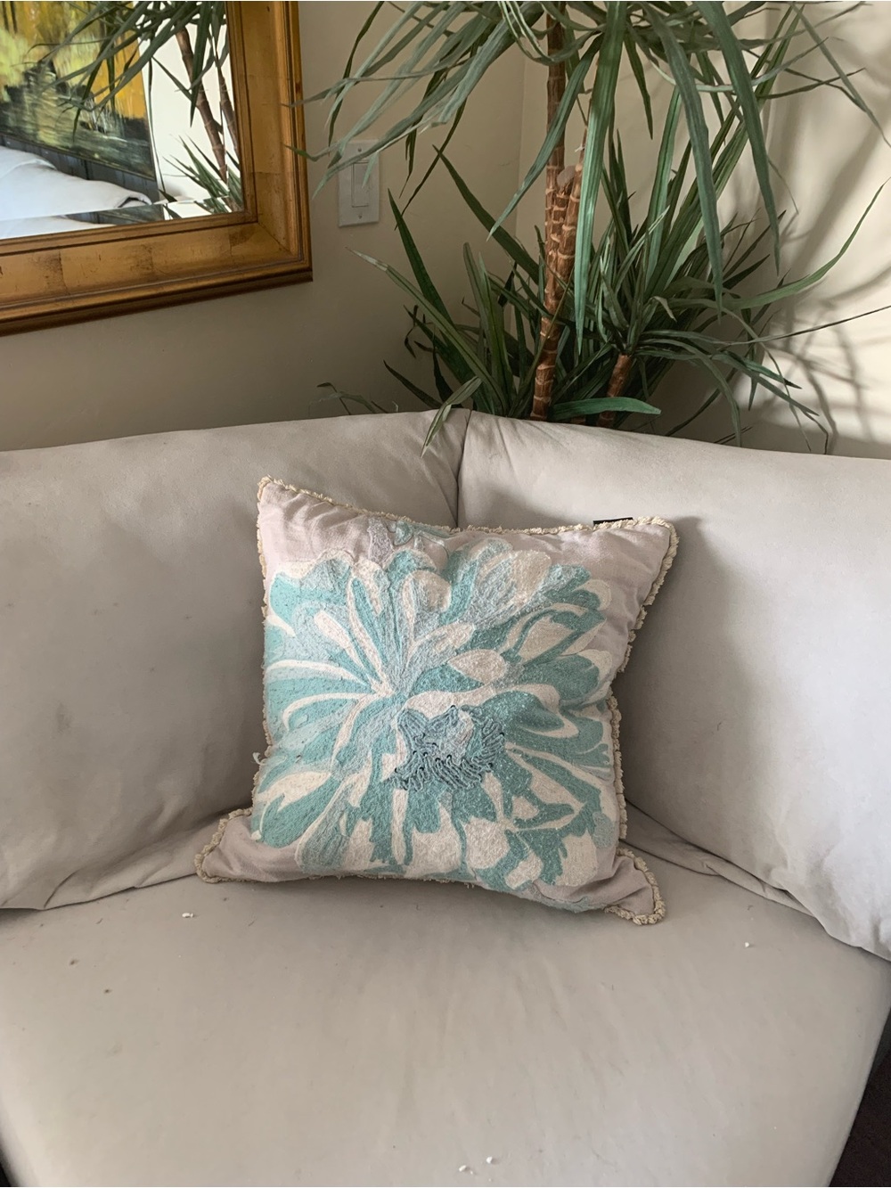 Envogue Aqua Floral Embroidered Accent Pillow, 19โx19โ